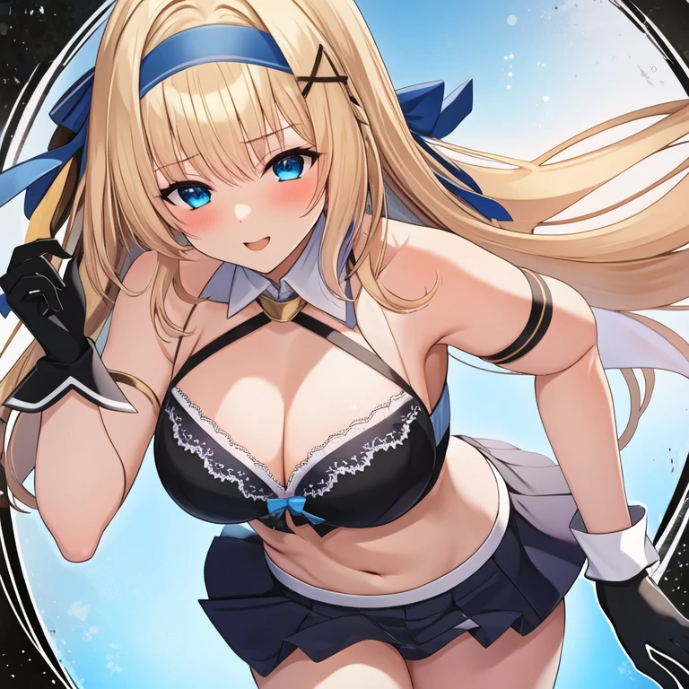 (masterpiece, best quality:1.2), 1girl, solo, blond hair, blue hairband, blue hair ribbon on the left, white-blue bra, black gloves, knight skirt, Solid color background