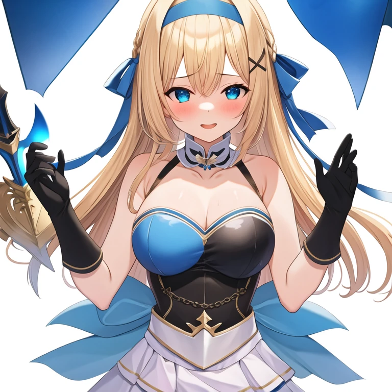 (masterpiece, best quality:1.2), 1girl, solo, blond hair, blue hairband, blue hair ribbon on the left, white-blue breast, black gloves, knight skirt, Solid color background