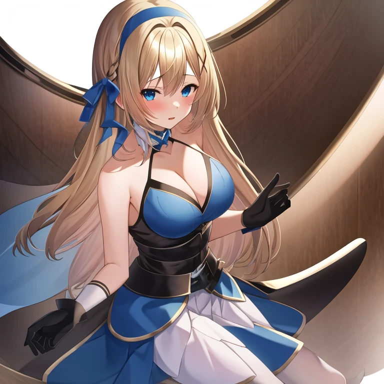 (masterpiece, best quality:1.2), 1girl, solo, blond hair, blue hairband, blue hair ribbon on the left, white-blue breast, black gloves, knight skirt, Solid color background