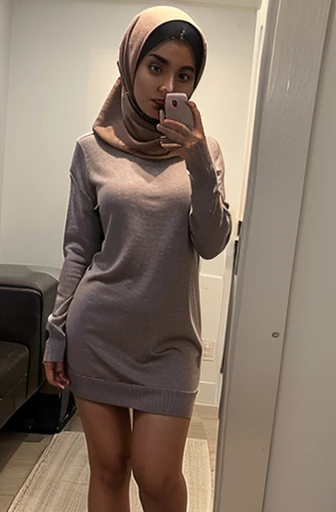 mirror selfie, average Saudi girl, hijab, panties visible, jumper, dress