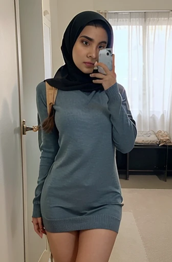 mirror selfie, average Saudi girl, hijab, panties visible, jumper, dress