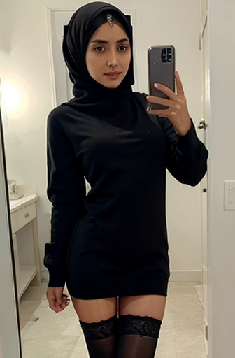 mirror selfie, average Saudi girl, hijab, panties visible, jumper, dress