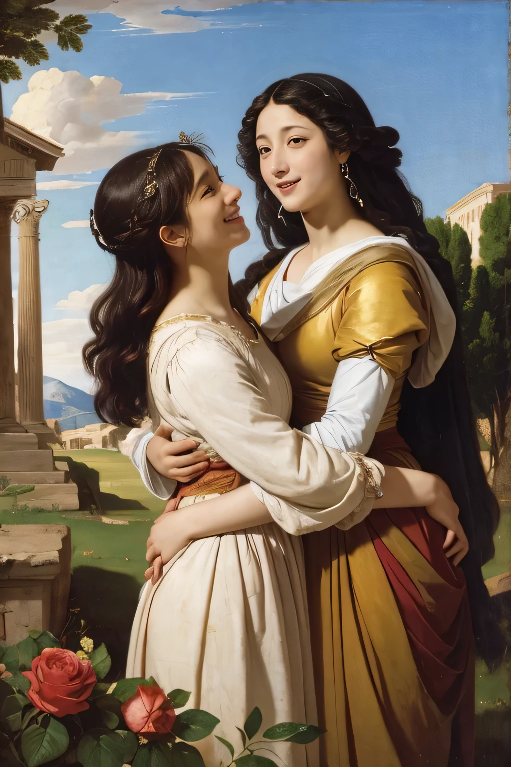 full body portrait or statue、Giorgione painting style,Arguments of two female Philosophe,math、astronomical machine、astronaut、roses in vase、fruits、Cute trinkets、smile、ancient greek costume、Ancient Roman landscape in the style of Nicolas Poussin,laughter,,Sweet and seductive appearance.、Caravaggio's paintings、Chiaroscuro of Caravaggio、hair tousled by the wind,Two women frolicking,cute smile, expression of ecstasy,Sexy,erotic