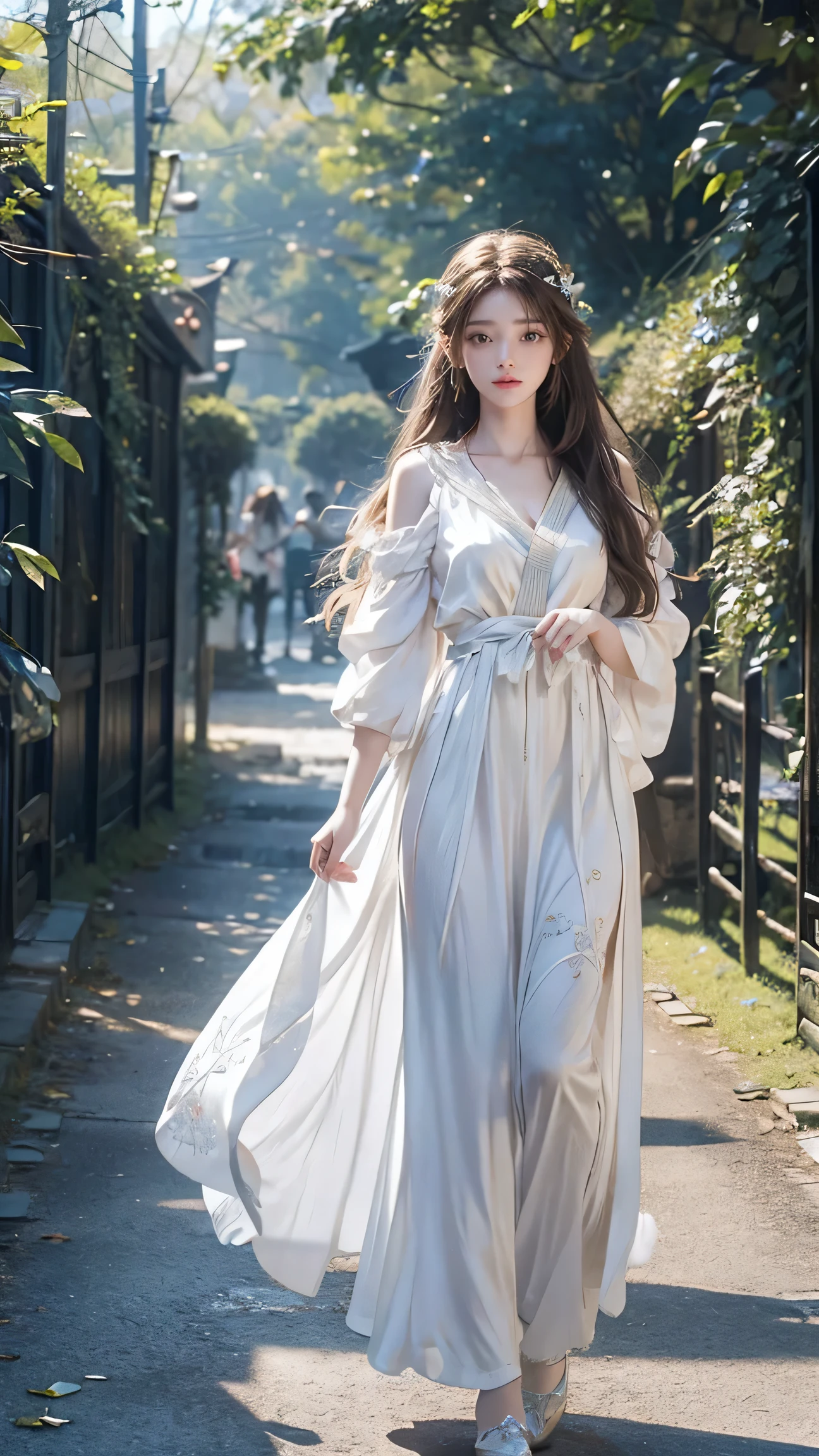 girl with、Walk among fairies dressed in bright white clothes and wearing beautiful reality、Ultra-detailed and precise、high-level image quality、Masterpeace、Best Quality、ultra -detail、blue eyess、