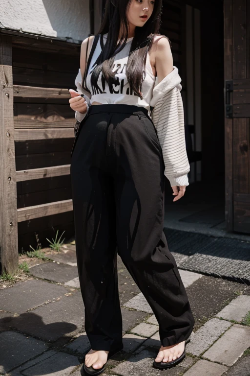 Japanese Girl sees the ghost and pees her black palazzo pants until her pants are wet in fright.