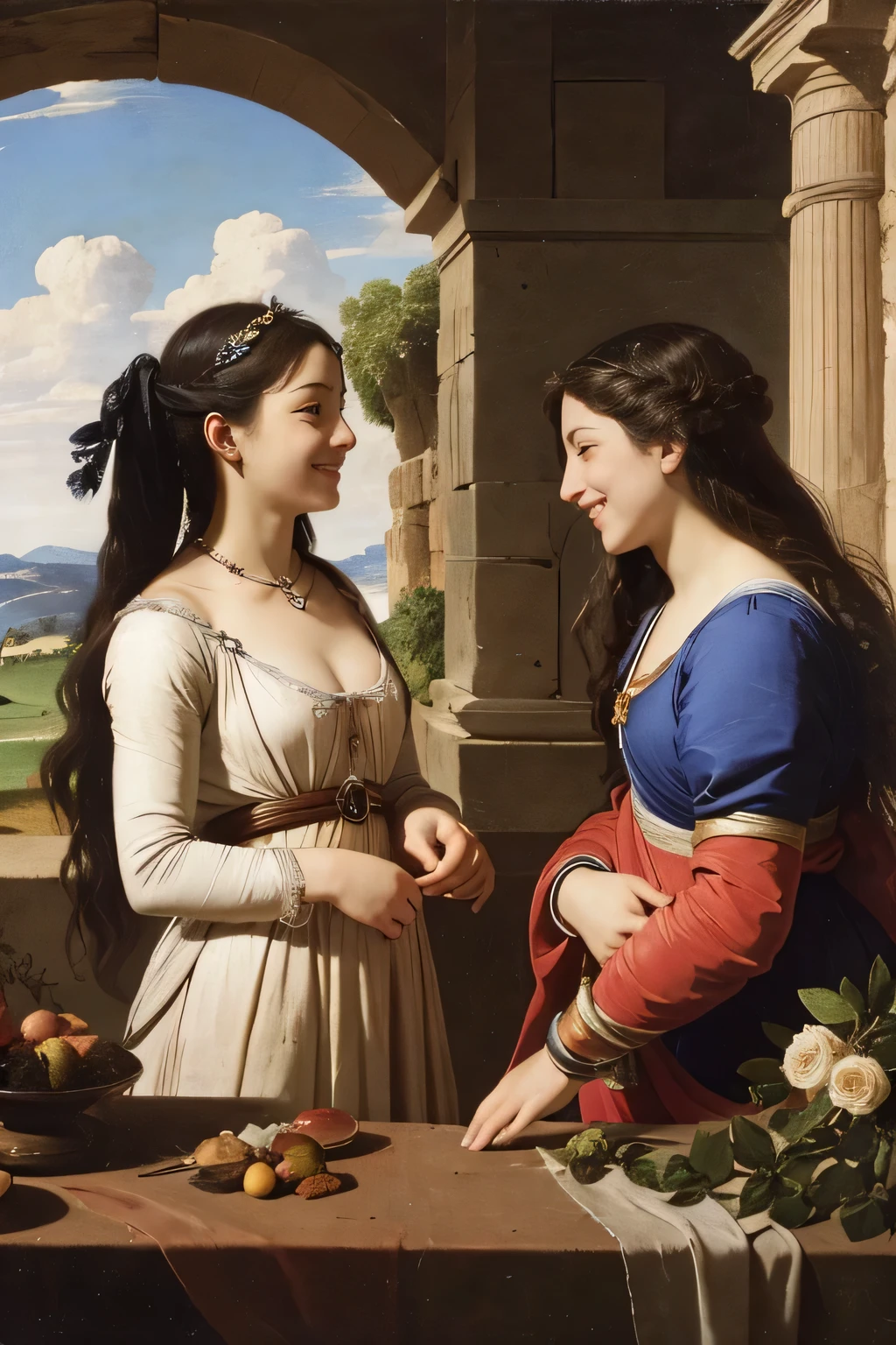 full body portrait or statue、Giorgione painting style,Arguments of two female Philosophe,math、astronomical machine、astronaut、roses in vase、fruits、Cute trinkets、smile、ancient greek costume、Ancient Roman landscape in the style of Nicolas Poussin,laughter,,Sweet and seductive appearance.、Caravaggio's paintings、Chiaroscuro of Caravaggio、hair tousled by the wind,Two women frolicking,cute smile, expression of ecstasy,Sexy,erotic