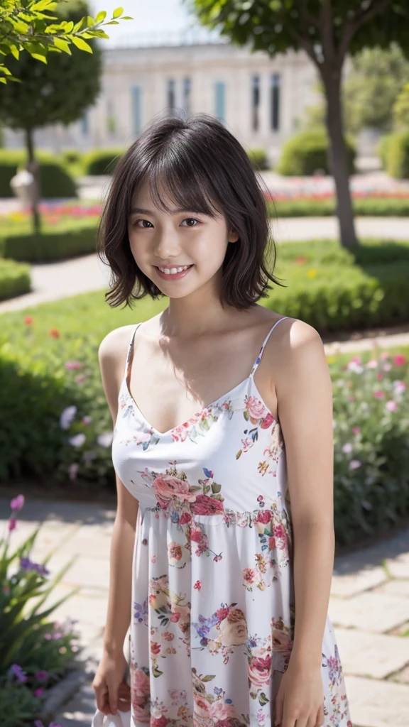 masterpiece, highest quality, disorganized, perfect anatomy, 1 girl, alone, pascal tales, short hair, beautiful, Hilarious, sunny day, botanical garden, Summer winds, sundress, Floral, wavy hair, smile、