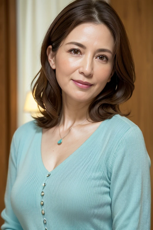 (In 8K, highest quality, masterpiece:1.2), (Realistic, Photorealistic:1.37), Ultra-detailed, Natural light, Small breasts, I can see her cleavage, 1 person, 45-year-old woman, Brown Hair, Long Hair, pendant, Turquoise Light Knit V-Neck Shirt, Highly detailed face and skin, Detailed eyes, Highly detailed face and skin