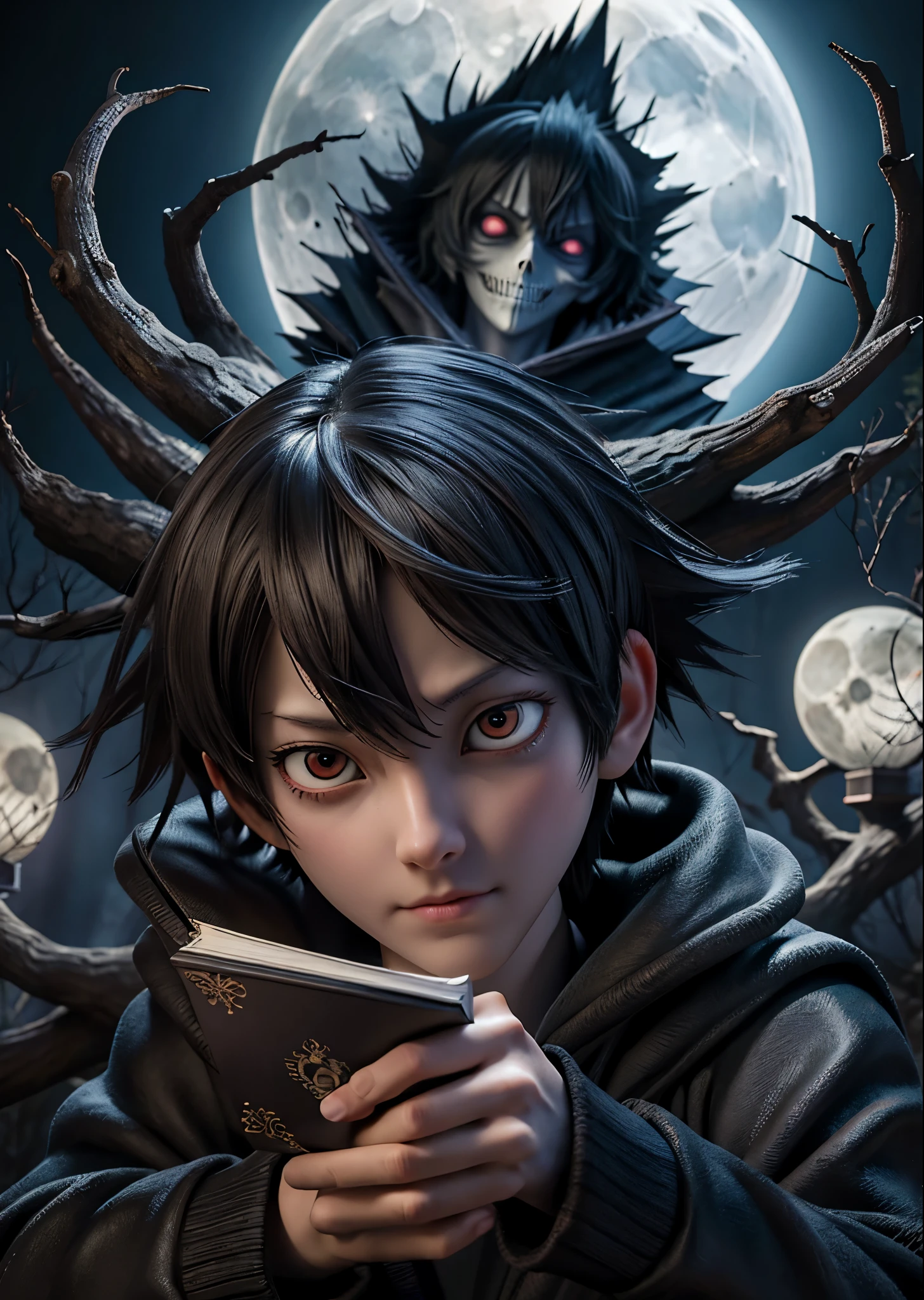 death note、Shinigami Ryuk、Dark forest of dead trees、Moonlit Night、moonlight、Perfect lighting、Sharp Focus、High definition、high resolution、High color rendering、High resolution、Ultra-realistic、photo realistic 