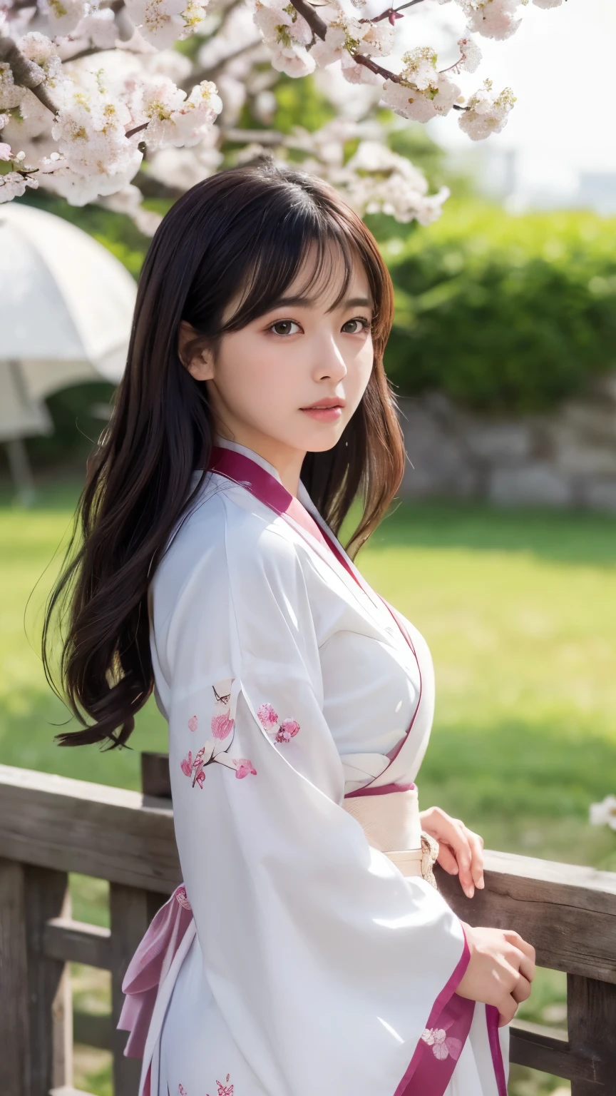(logo、masterpiece、8k、Tabletop、RAW Photos、wonderful、最high quality、Realistic、Very detailed CG 統合 8k 壁紙、high quality、Very detailed、narrative poem、Particle Effects、Dynamic Effects、Depth of written boundary、Cinematic Light、Lens flare、Ray Tracing)、Fantasy、 (1 beauty、White kimono、Japanese clothing、White cherry blossom pattern、White cherry blossom embroidery pattern、Black-haired、Beautiful Face、True Face、Beautiful details in the eyes、Beautiful Skin)、Hair flutters in Wind、Hair bounces、Pink cherry blossom tree、Petals flutter、SakuraFubuki、wonderful景色、Morning Glow、Sun in the background、Wind、god々、tooth、god話、Vast land、