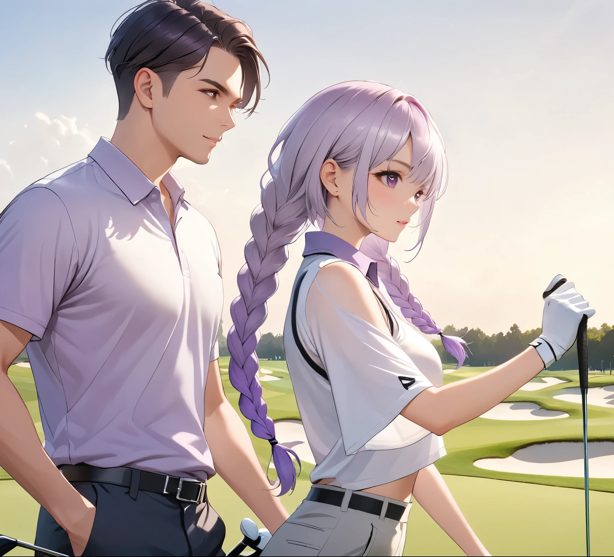 A man，A woman(Purple and White Gradient Double Braids)Together ， Wear casual clothing，golf course，playing golf