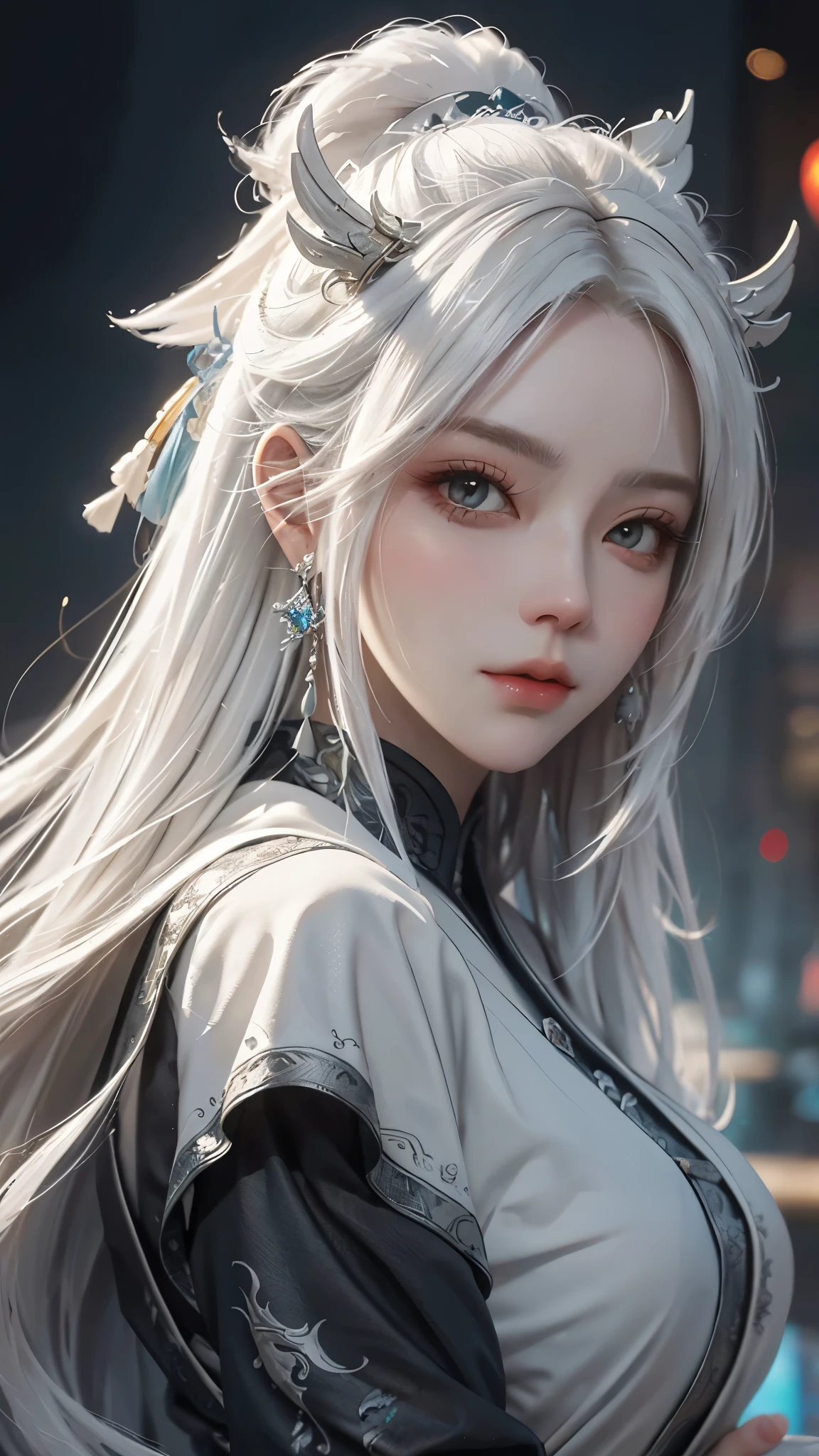 Close-up of a white-haired woman wearing a white mask, Beautiful character painting, guweiz, Artwork in the style of Guweiz, White-haired deity, author：Yang Jie, Epic and beautiful character art, Stunning character art, author：Fan Qi, by Wuzhun Shifan, guweiz on pixiv artstation