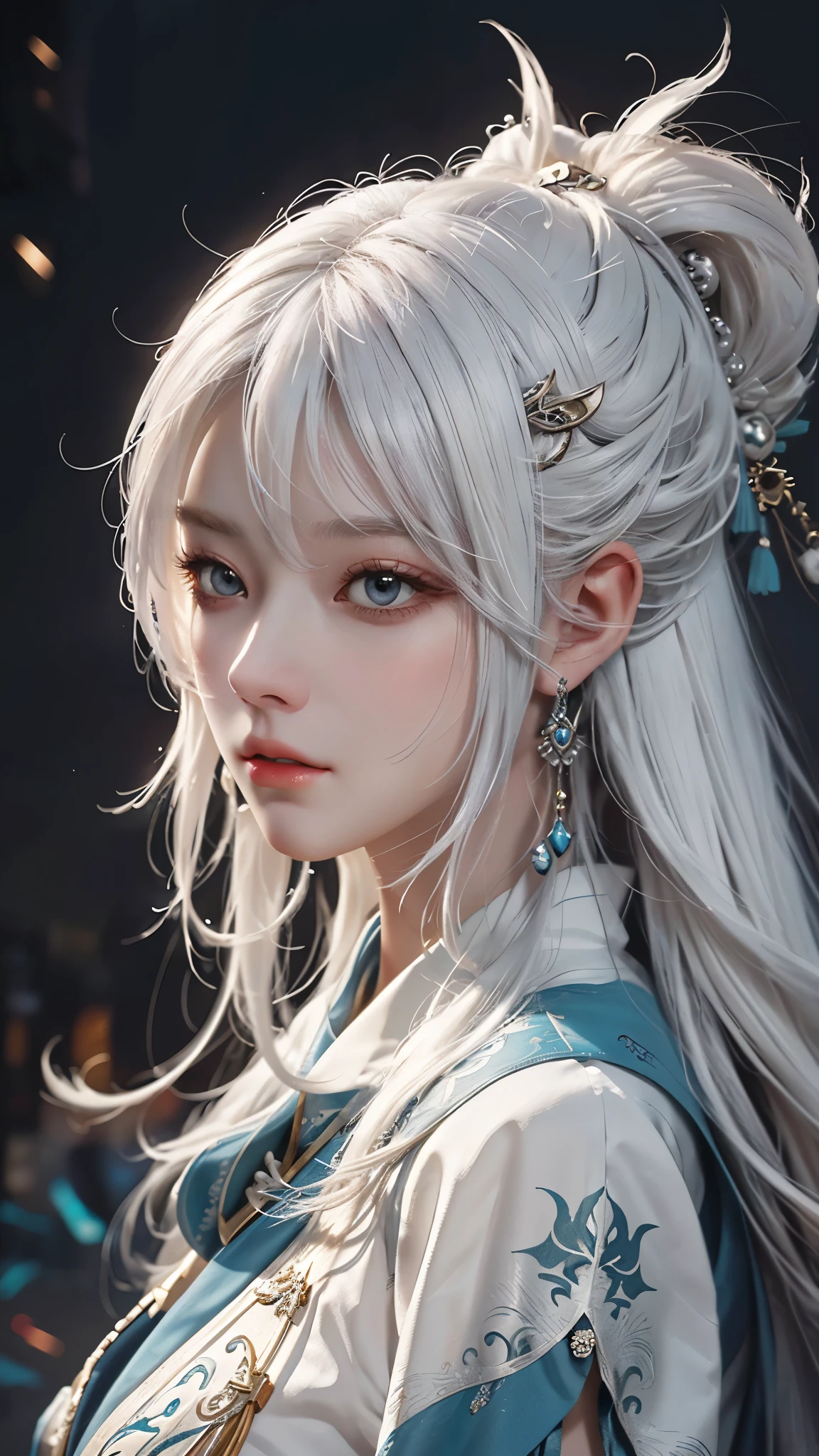 Close-up of a white-haired woman wearing a white mask, Beautiful character painting, guweiz, Artwork in the style of Guweiz, White-haired deity, author：Yang Jie, Epic and beautiful character art, Stunning character art, author：Fan Qi, by Wuzhun Shifan, guweiz on pixiv artstation