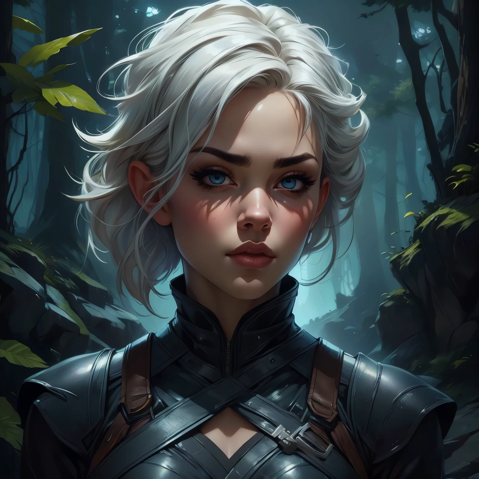 (Full Body Portrait:1.4)、Female Ninja、Beautiful and detailed eyes、Beautiful and detailed lips、Extremely detailed face and body、Short white hair、knife、Ninja costume、Night forest background、Dark and gloomy lighting、Cinematic composition、Dramatic Shadows、(highest quality、4k、8k、High resolution、masterpiece:1.2)、Super fine、(Real、Photorealistic、Photorealistic:1.37)、Dark fantasy、Dramatic lighting