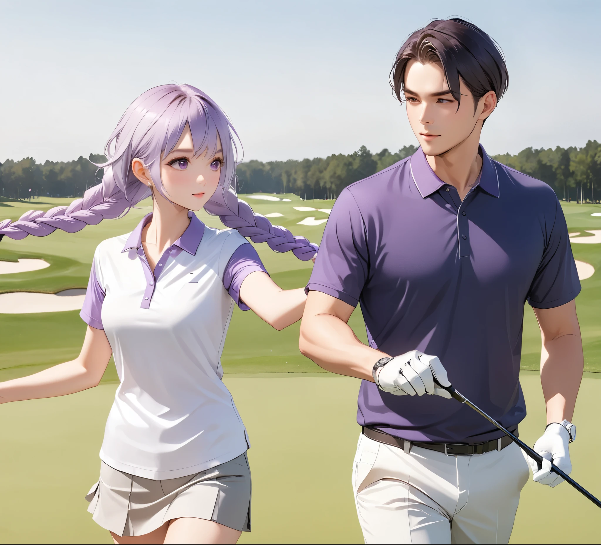 A man，A woman(Purple and White Gradient Double Braids)Together ， Wear casual clothing，golf course，playing golf