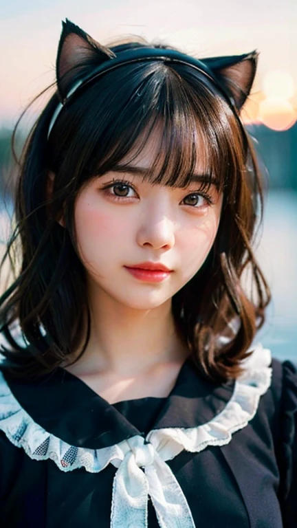 (highest quality,masterpiece:1.3,Ultra-high resolution),(Very detailed,Caustics,8k),(Realistic:1.4,RAW shooting),18-year-old,日本語 cute日本の女の子,,A little sad look,Looking at the camera, Good figure,Rembrandt Lighting, (Photorealistic:1.2), (highest quality), (Detailed skin:1.3), (Intricate details), Ray Tracing,One girl, In detail,real,Scattered beneath the surface,(blush:0.5), Detailed skin texture, Black Hair, Long Hair,Cat ears headband, (Wavy Hair:1.2), (Blunt bangs:1.2), cute, Black Sailor Suit,(Face Focus:1.1),(Face close-up:1.1),Rye field,Sunset