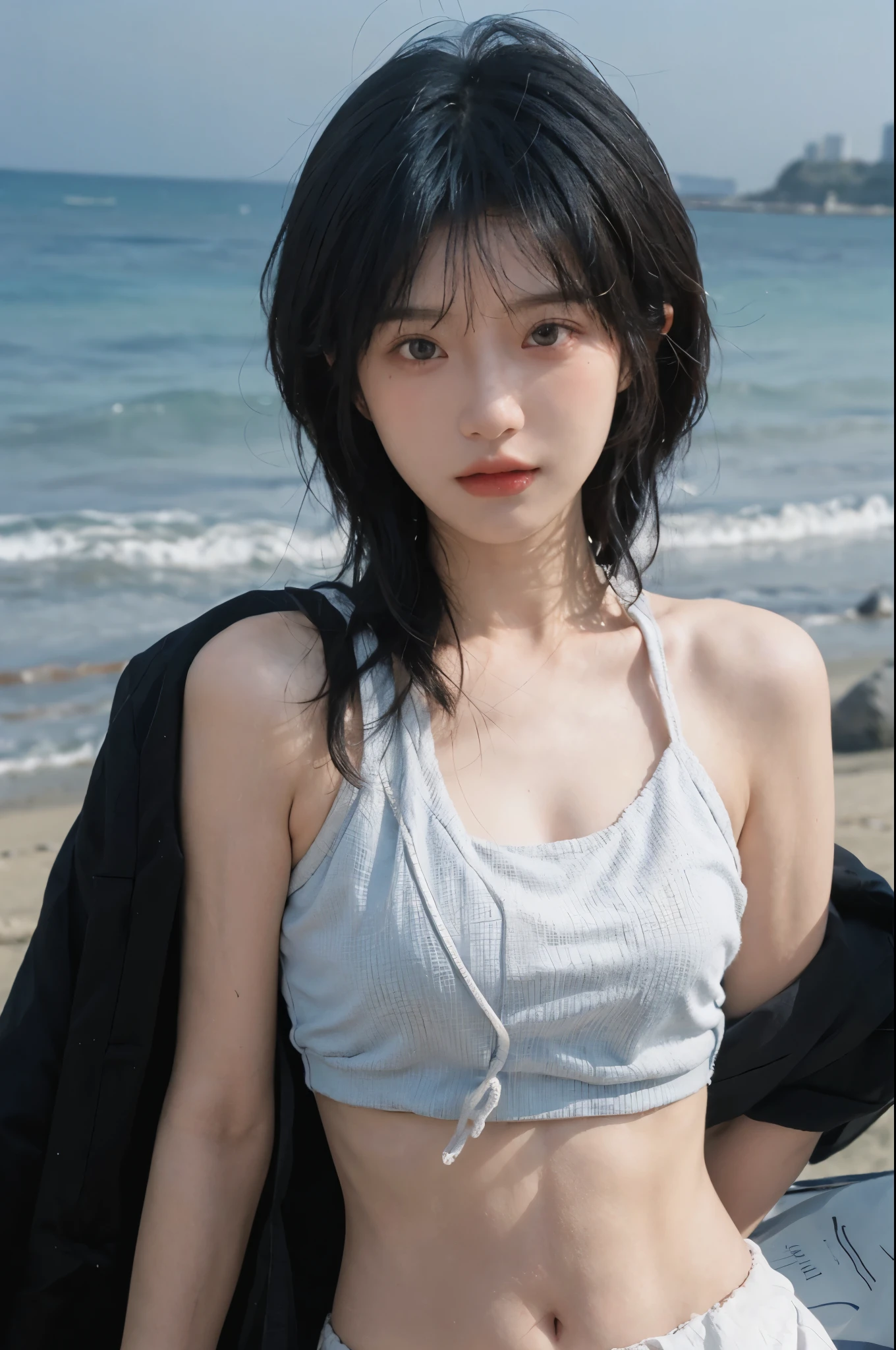 Best quality,Ultra-high resolution,(lifelike:1.4),Cute hairpin,2girll,Short blue hair,jk,Blush,Slim beauty:1.4,Visible abdominal muscles,on the beach,Ultra-fine face,Exquisite eyes,Double eyelids,