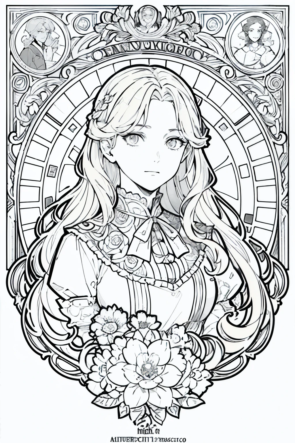 European woman face portrait, Long Curly Hair, blonde, Floral frame, Decorative panel, Abstract Art by Alphonse Mucha, sketch, Character dialogue and scenes without color or shadow.
(masterpiece, highest quality, High resolution:1.4), detailed, Intricate details, 4K, Splashes of color, Line art, Fibonacci,
