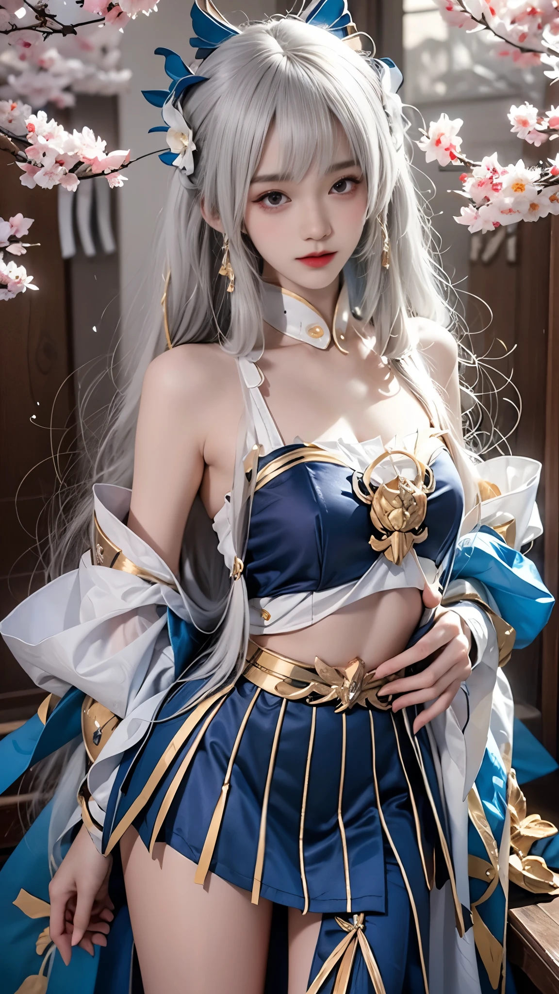 Kamisato Ayaka, masterpiece,best quality,High质量,High清晰度,High质量的纹理,High质量的阴影,High细节,Beautiful details,fine details,Extremely detailed CG,Detailed texture,lifelike的面部表现,lifelike的,Colorful,Beautifully,Clear focus,(intricate details,Pure face_V1:0.5),(细节美Beautifully脸,(细节美Beautifully眼睛),perfect比例的脸,HighSkin details,Skin details,best ratio of four fingers and one thumb,emaciated:1.3),1 girl,,High,(Smooth abs:1.55),beautiful,perfect,High,((Bare shoulders)), ((The skirt is very short)), (Long legs),(Straight Legs),(Thin waist),((White skin)),White skin,((White skin)),(Emma Watson),Large Breasts,((bule)),Light Blonde Hair,Standing,looking at the audience,whole body,Portrait of cute blonde girl,((Cherry tree)), ((站在Cherry tree下,look into the distance)),bloom,Orange Fog,Sporty,A strand of hair,lifelike,High品质渲染,Amazing Art,High品质,film texture,Fuji XT3,Dream