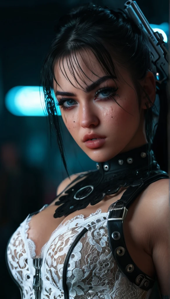 Cowboy shot, cyberpunk girl, sexy gorseit, white lace, sexy look, guns, detailed face, beautiful detailed eyes, beautiful detailed lips, extremely detailed eyes and face, long eyelashes, photorealistic, hyper detailed, 8k, best quality, masterpiece, cinematic lighting, vibrant colors, moody atmosphere, dramatic lighting