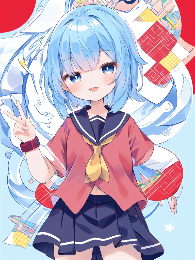 One girl、12 years old、Light blue hair、Medium Hair、Red Sailor Suit、skirt、smile、Wink、piece