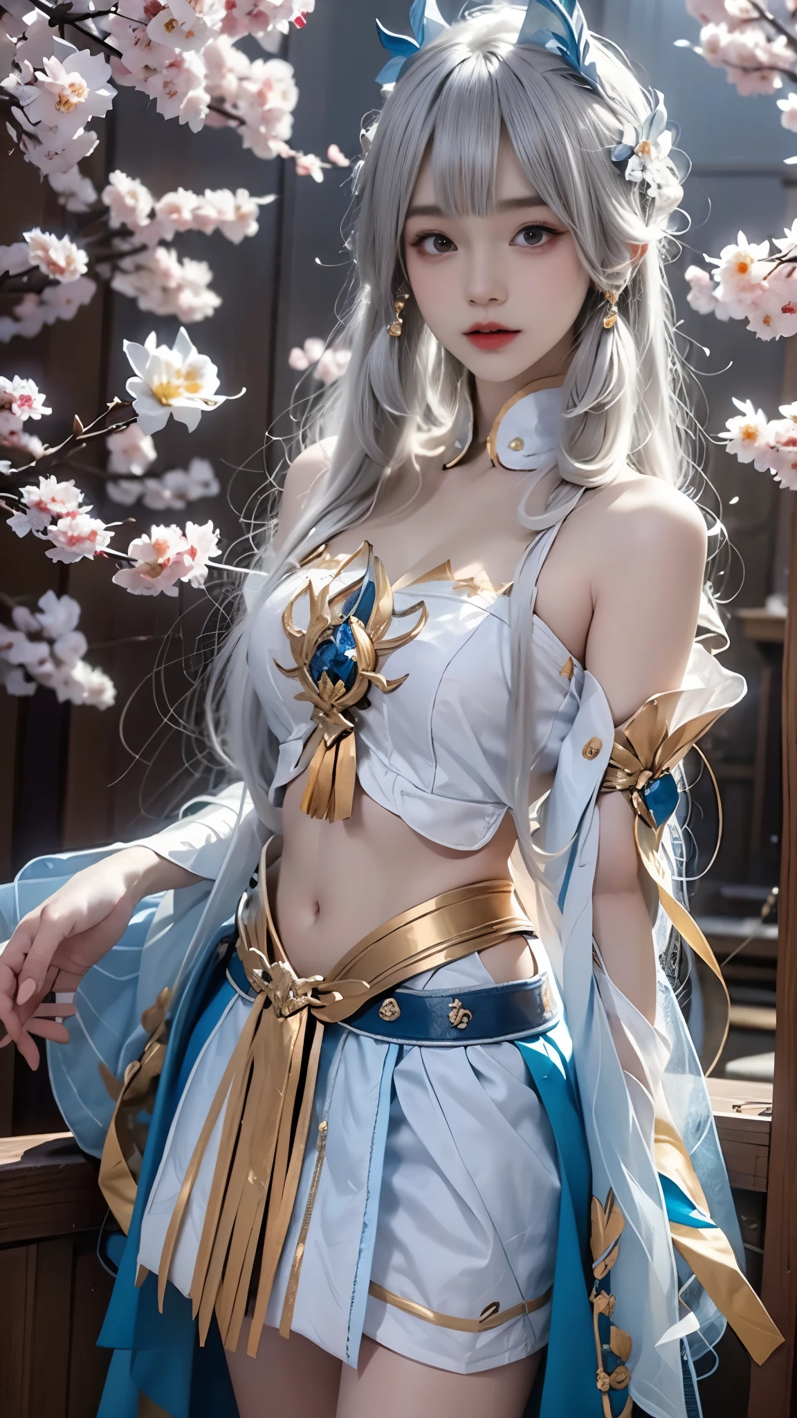 Kamisato Ayaka, masterpiece,best quality,High质量,High清晰度,High质量的纹理,High质量的阴影,High细节,Beautiful details,fine details,Extremely detailed CG,Detailed texture,lifelike的面部表现,lifelike的,Colorful,Beautifully,Clear focus,(intricate details,Pure face_V1:0.5),(细节美Beautifully脸,(细节美Beautifully眼睛),perfect比例的脸,HighSkin details,Skin details,best ratio of four fingers and one thumb,emaciated:1.3),1 girl,,High,(Smooth abs:1.55),beautiful,perfect,High,((Bare shoulders)), ((The skirt is very short)), (Long legs),(Straight Legs),(Thin waist),((White skin)),White skin,((White skin)),(Emma Watson),Large Breasts,((bule)),Light Blonde Hair,Standing,looking at the audience,whole body,Portrait of cute blonde girl,((Cherry tree)), ((站在Cherry tree下,look into the distance)),bloom,Orange Fog,Sporty,A strand of hair,lifelike,High品质渲染,Amazing Art,High品质,film texture,Fuji XT3,Dream
