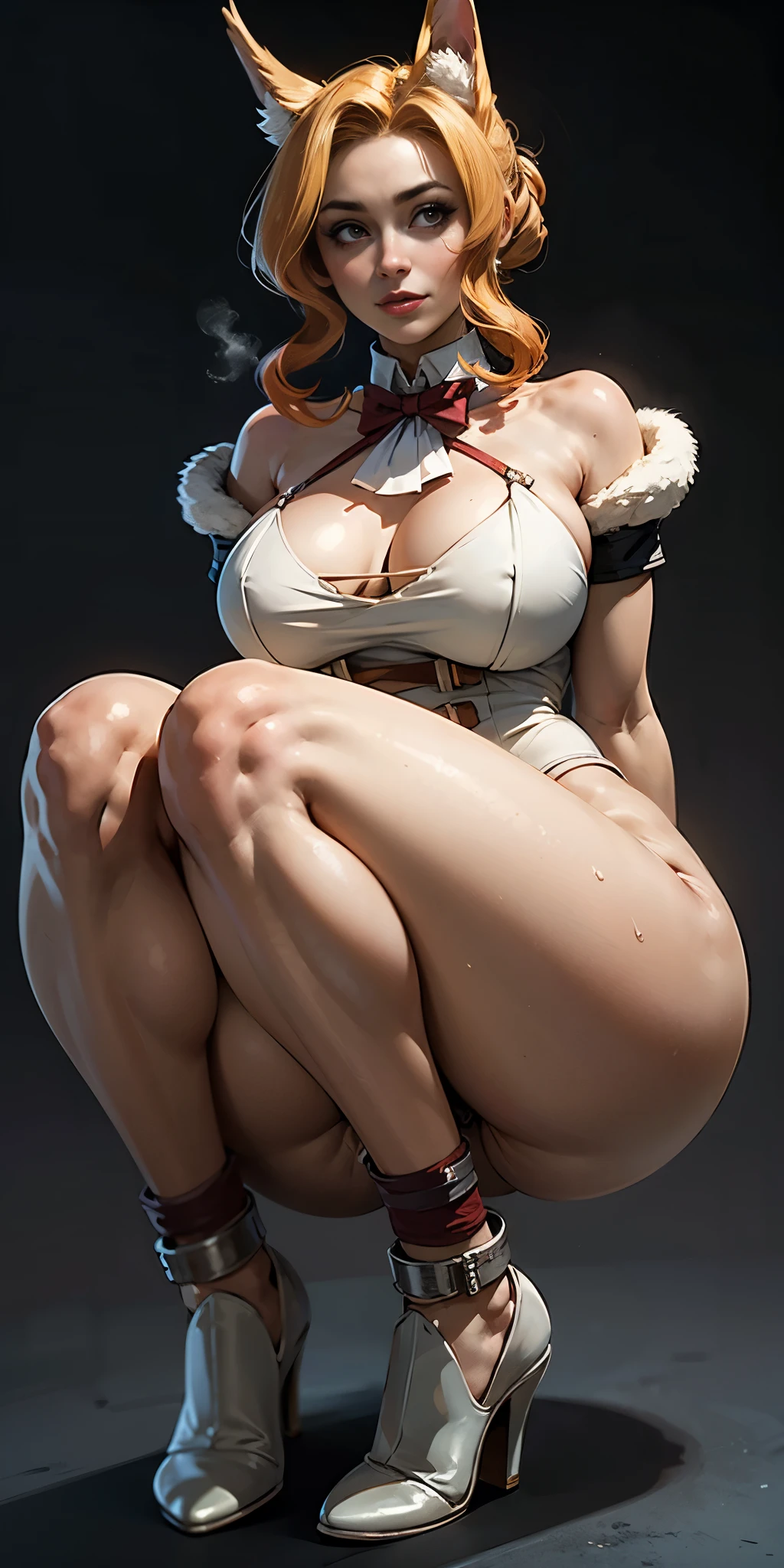 (Masterpiece, plain background:1.2) 1sologirl squatting body looking to viewer symmetrical buttocks showing to me, crossing arms together behind back shackles wristbands bracers bracelets, 2legsheels, long fluffy bunny ears, luna konosuba happy mouth closed red cheeks sweaty full body steaming mouth