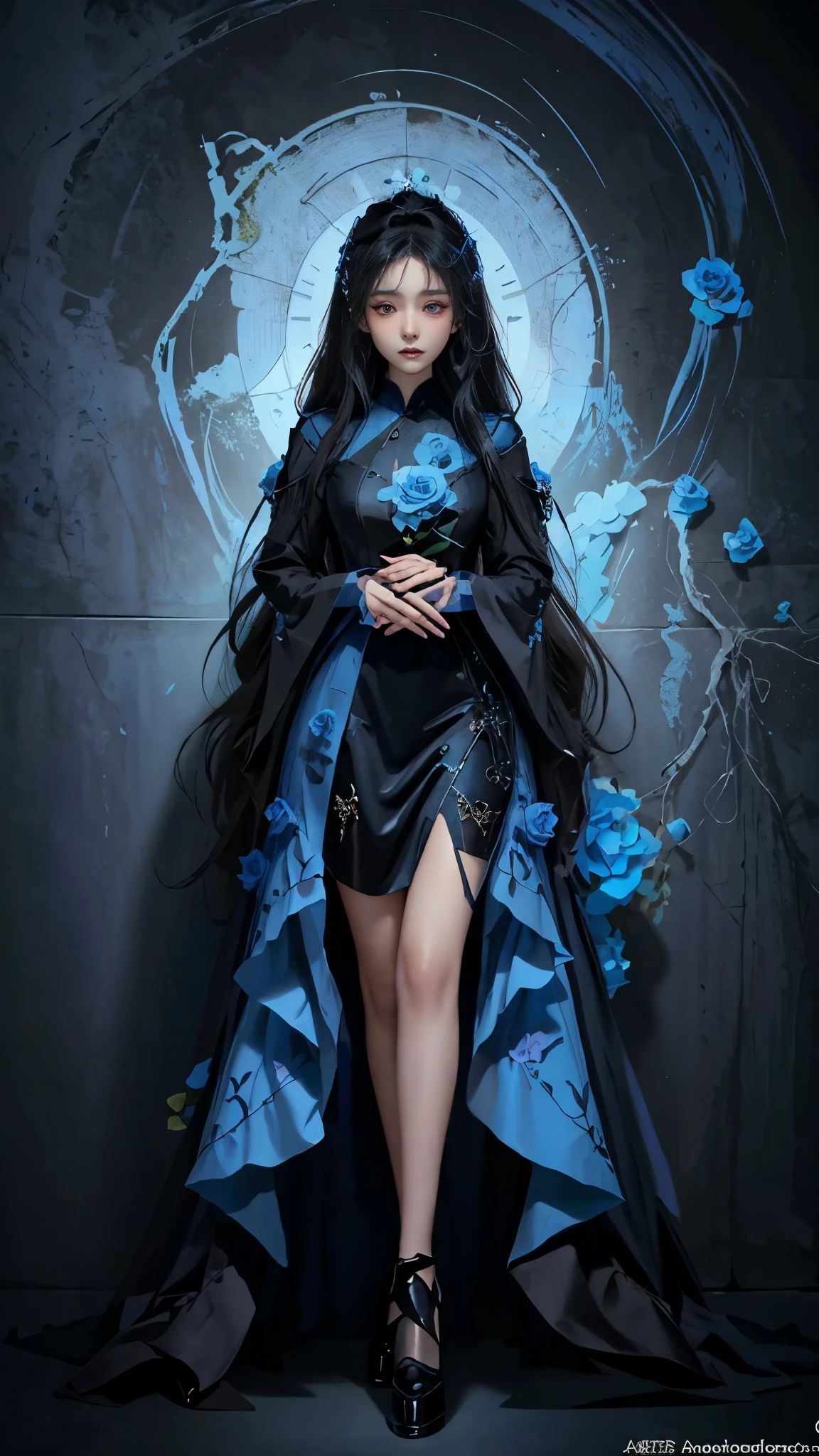 woman in black dress, Cute girl in beautiful clothes, Beautiful full body concept art, Beautiful and charming woman, Woman full body art, guweiz, Beautiful woman, Digital Art on pixiv, Full body illustration, Kushat Krenz Key Art Music, full body xianxia, Exquisite face Gorgeous face Exquisite face, Blue Rose Theme , blue rose petals