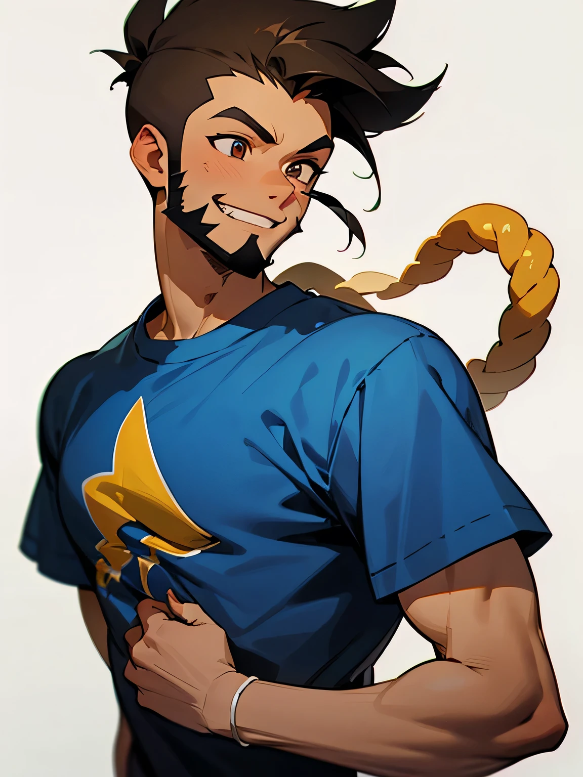 solo,sideview,upperbody,man,darkskin,male eyes,male nose,male mouth,brown short twisterm,sideshaved,grin,blue t-shirts,beard:0.6,simple white background
