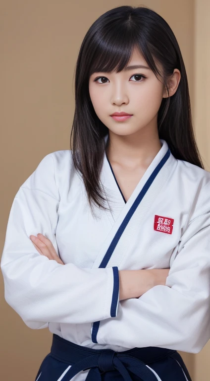 (8k、RAW Photos、image quality、、、、、、Tabletop:1.2)、(Realistic、Photorealistic:1.37)、Japanese female judoka、White judo uniform with black belt、Upper body composition、Frontline view、明るいdojo、、masterpiece, highest quality, High resolution, wallpaper, Realistic, Bright lighting, Professional Lighting, Face Light, Smooth lighting, Japanese Girls, ((Whole body 1.4)),Are standing, 15 years old,cute, smile, beautiful girl, gravure, sexy, so beautiful, Beautiful Skin, Beautiful and exquisite、Detailed face、slim、Moderate, (Empty-handed)、dojo、Serious look