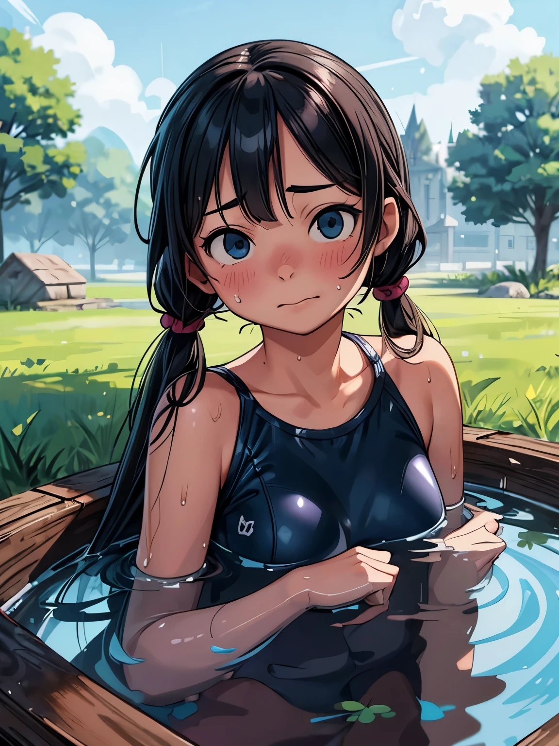 (masterpiece、highest quality、highest quality、Official Art、Beautiful and beautiful:1.2)、(One girl:1.3)Hatsune Miku、Twin tails,Big Breasts,((highest quality))、((masterpiece))、One Girl、Formal Up、Beautiful and detailed eyes and face、Beautiful Skin、Realistic、very cute、22 years old、School Swimsuit(dark blue、Simple design、Matte texture、Wrinkles、Wet、Polyester material、shadow、)Wet body、Anime Face、Beauty、Look forward、Big eyes(Beautiful poop、Anime Face、Clear Eyes、Fine details、Beautiful Eyes)Well-formed face(Beautiful nose、Confused、Sharp Mouth)Sweaty、grass、Wet feeling、background(Clear sky、Take-out)、8K quality、Perfect Proportions、Slender、blush、Female focus, hair ornaments,Hair length, Look at the viewers,