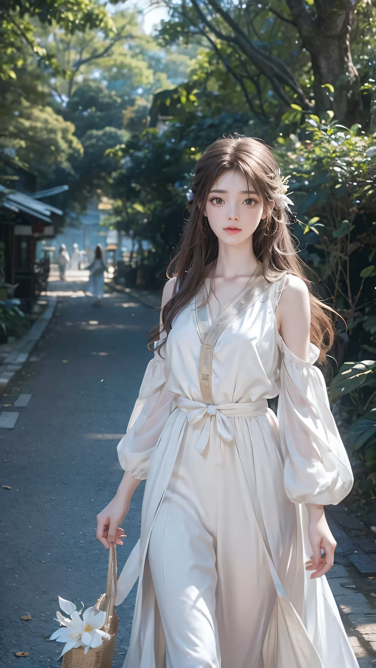 girl with、Walk among fairies dressed in bright white clothes and wearing beautiful reality、Ultra-detailed and precise、high-level image quality、Masterpeace、Best Quality、ultra -detail、blue eyess、