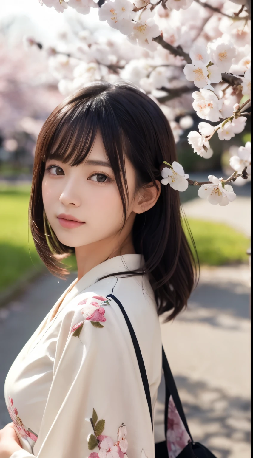 (logo、masterpiece、8k、Tabletop、RAW Photos、wonderful、最high quality、Realistic、Very detailed CG 統合 8k 壁紙、high quality、Very detailed、narrative poem、Particle Effects、Dynamic Effects、Depth of written boundary、Cinematic Light、Lens flare、Ray Tracing)、Fantasy、 (1 beauty、White kimono、Japanese clothing、White cherry blossom pattern、White cherry blossom embroidery pattern、Black-haired、Beautiful Face、True Face、Beautiful details in the eyes、Beautiful Skin)、Hair flutters in Wind、Hair bounces、Pink cherry blossom tree、Petals flutter、SakuraFubuki、wonderful景色、Morning Glow、Sun in the background、Wind、god々、tooth、god話、Vast land、