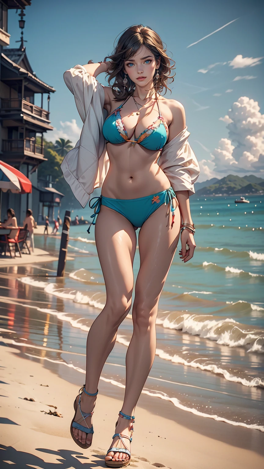 landscape, summer, blue sky, Okinawa, private Beach, Cove, Ocean, unmanned, Beach, Nobody, Hot Weather, sun, HD detailed, Super detailed, movie, Hyperrealism, Soft Light, Deep focus bokeh, Ray Tracing, gwise on art station pixiv, Makoto Shinkai, ArtJam、24-year-old woman、long hair、Micro Bikini Wear、Wear sandals、Beachにいる、Vision、Big Breasts、Cleavage Emphasis