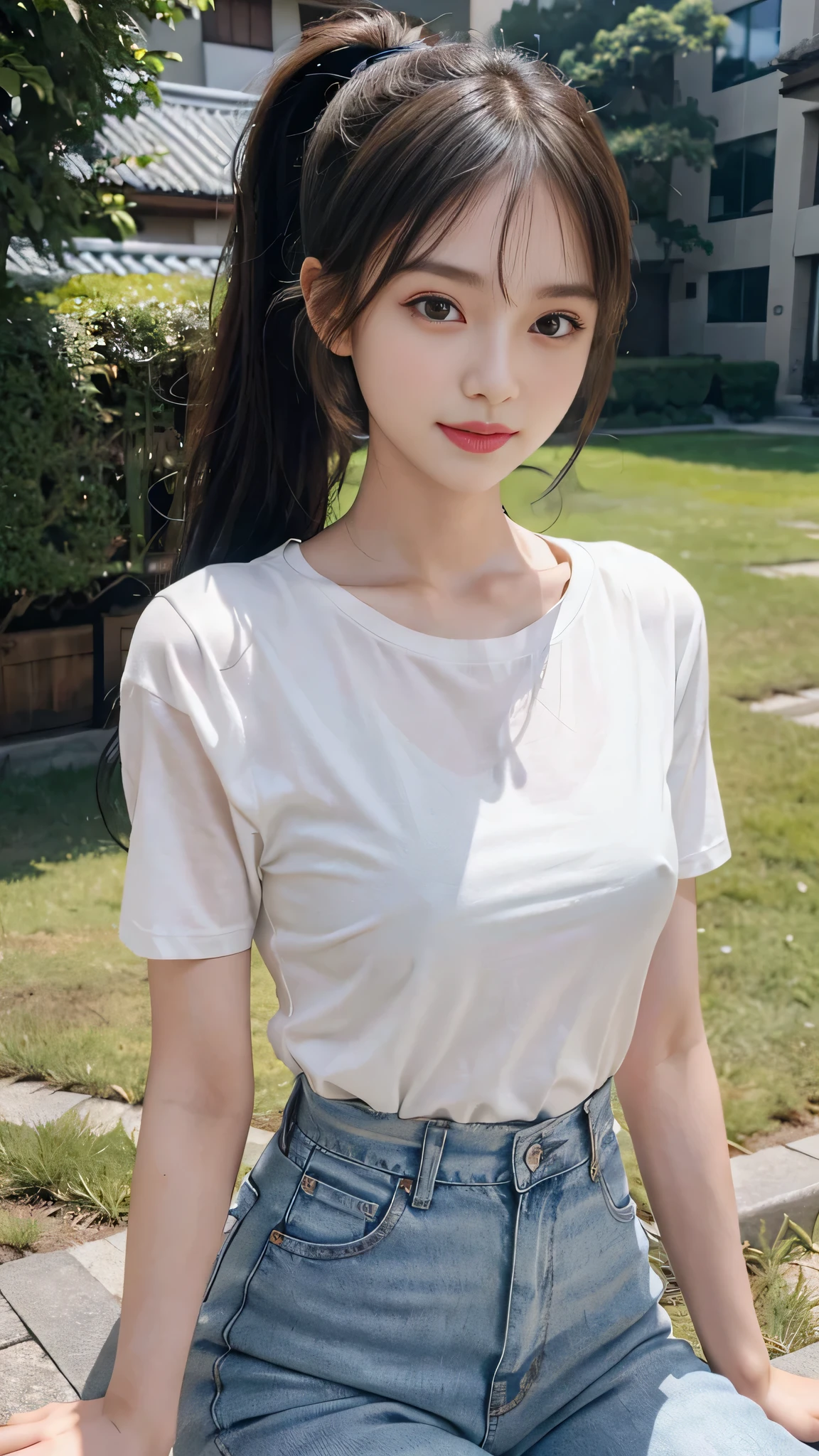 Black underwear shows through the white T-shirt,jeans,outdoors,Urban Park,On the lawn,Close up face,One woman,masutepiece, The highest image quality, High quality, the background is clear,Beautiful woman, Japanese, Detailed, Detailed eyes, Detailed skin, Beautiful skin, 超hight resolution, (reality: 1.4),Very beautiful woman, Slightly younger face, Beautiful skin, slender, (Ultra photo realsisim), (hight resolution), (8K), (Very detailed) (beautifully detailed eyes), (super detailed), (Detailed face), view the viewer, Fine details, Detailed face, Staring straight ahead, Staring straight ahead, photos realistic, Bright lighting, Professional Lighting, Black hair,poneyTail,a baby face,fourteen years old,Hairstyle: ponytail,Long ponytail hairstyle,slight smile,neat and tidy clothing,Beautiful Japanese KPOP idol photo, hair style is ponytail, my eyes are double and wide, baby face, smile and look straight ahead, slender, small breasts,Close up face,