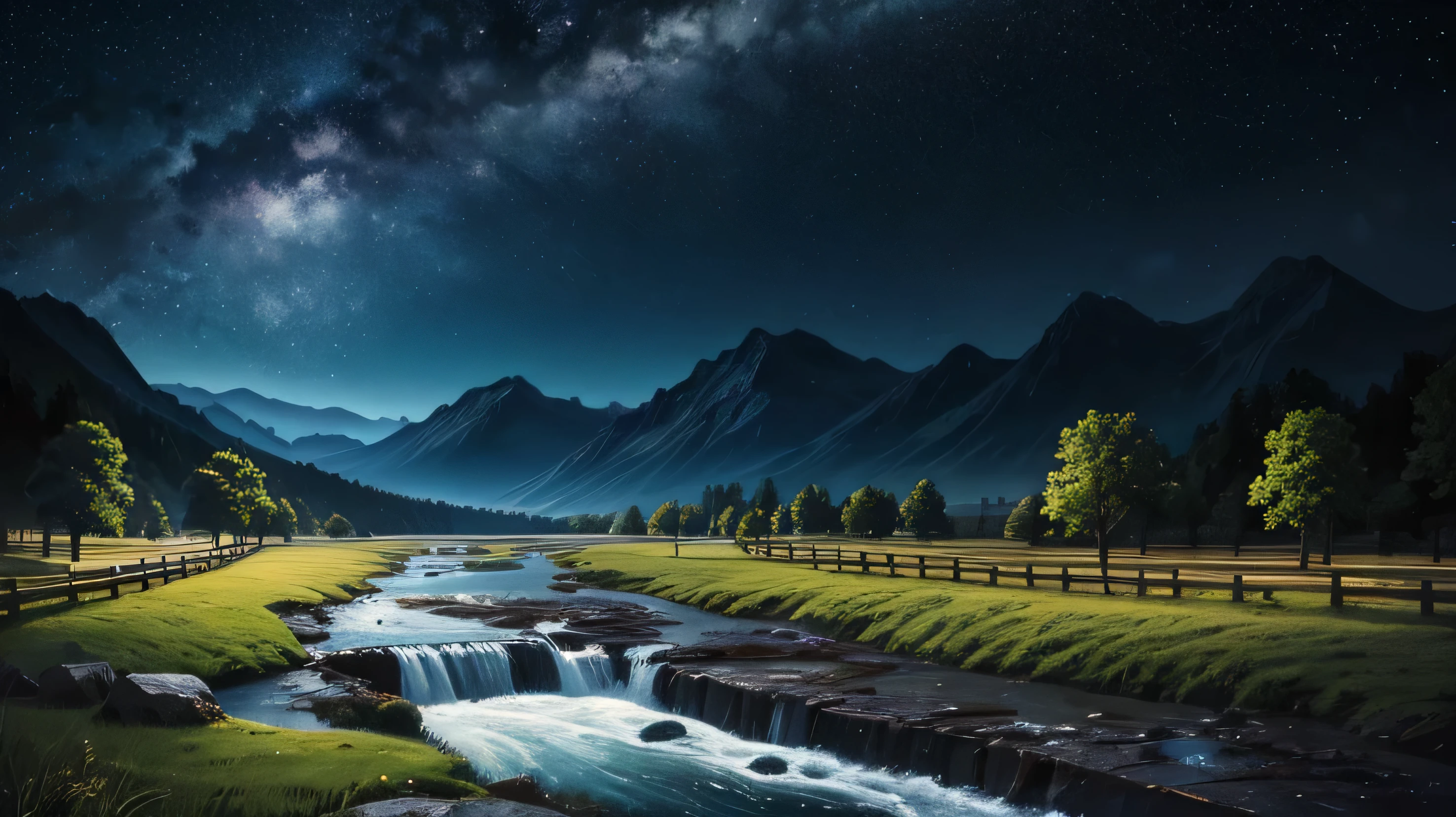 masterpiece, highest quality, High detail, ((background)) , Milk River, Star Rain, Anime Style, Realistic, There's fog all around, Cinema Lighting, Depth of written boundary, Shining Light, Ray Tracing, Vignetting, ((Wide Shot)), masterpiece