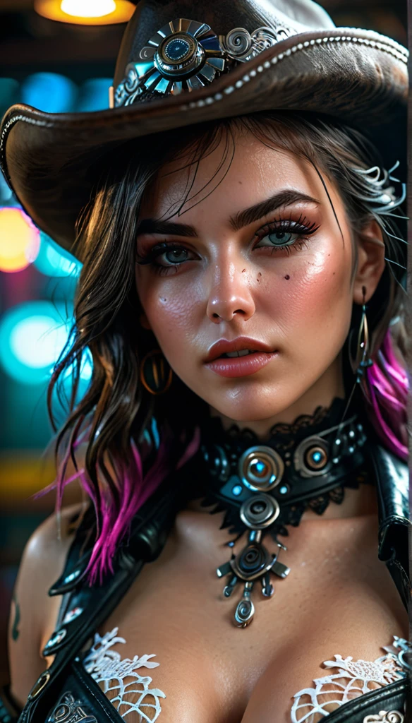 Cowboy shot, cyberpunk girl, sexy gorseit, white lace, sexy look, guns, detailed face, beautiful detailed eyes, beautiful detailed lips, extremely detailed eyes and face, long eyelashes, photorealistic, hyper detailed, 8k, best quality, masterpiece, cinematic lighting, vibrant colors, moody atmosphere, dramatic lighting