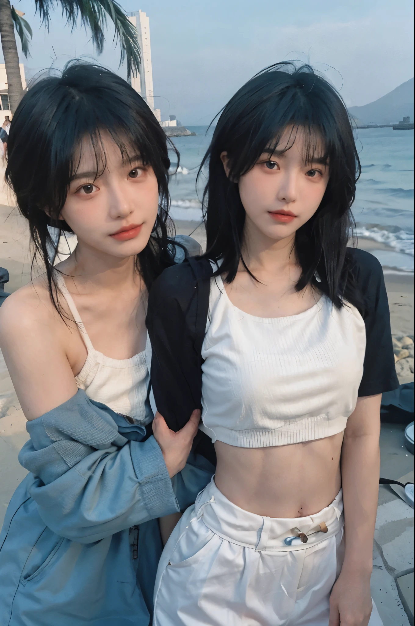best quality,ultra high resolution,(lifelike:1.4),cute hairpins,girl,long curly hair,JK,blush,slim beauty:1.4,Visible abdominal muscles,at the beach,ultra fine face,exquisite eyes,double eyelid,necklace