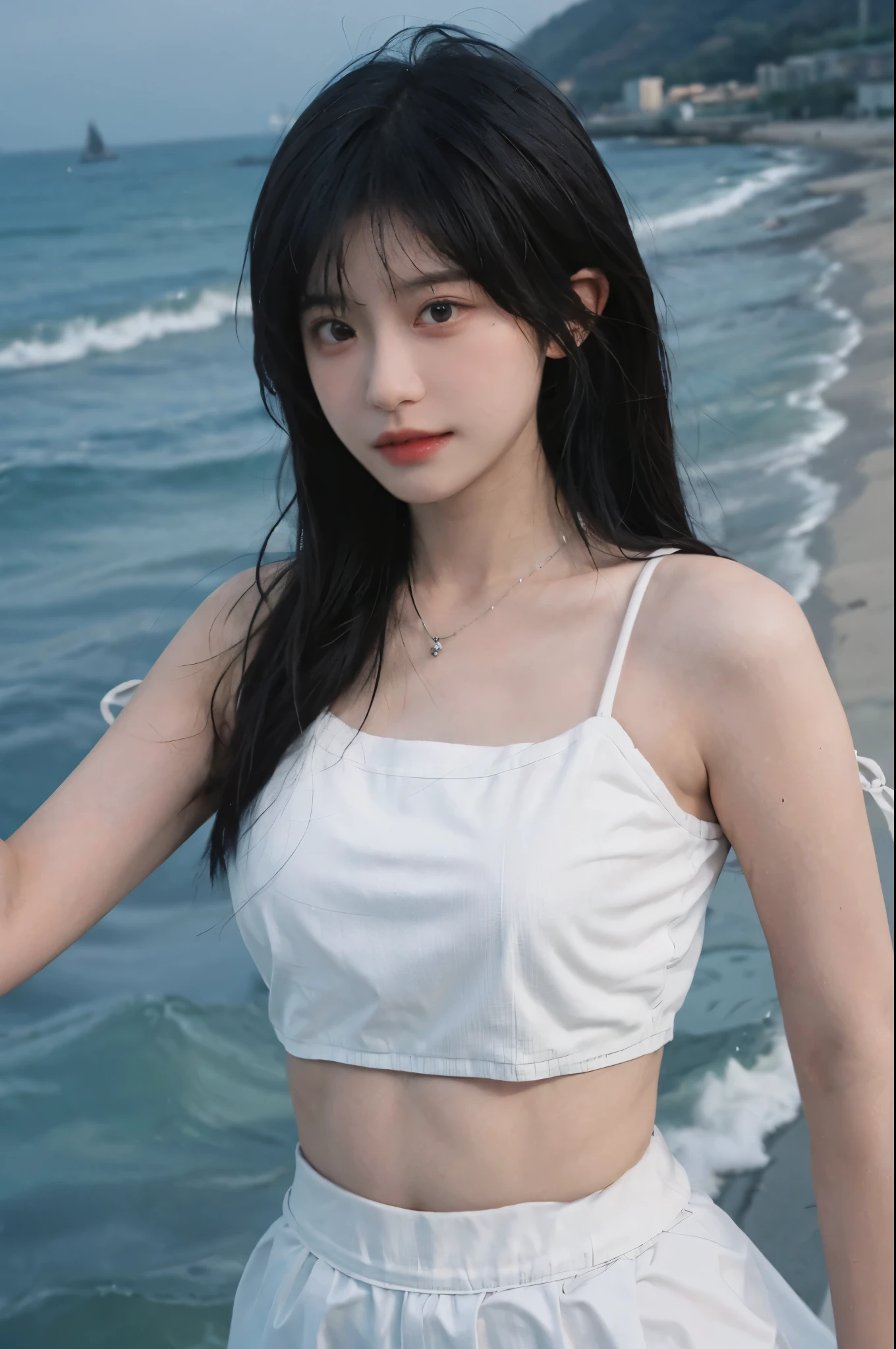 Best quality,Ultra-high resolution,(lifelike:1.4),Cute hairpin,1girll,Long curly hair,jk,Blush,Slim beauty:1.4,Visible abdominal muscles,on the beach,Ultra-fine face,Exquisite eyes,Double eyelids,necklace