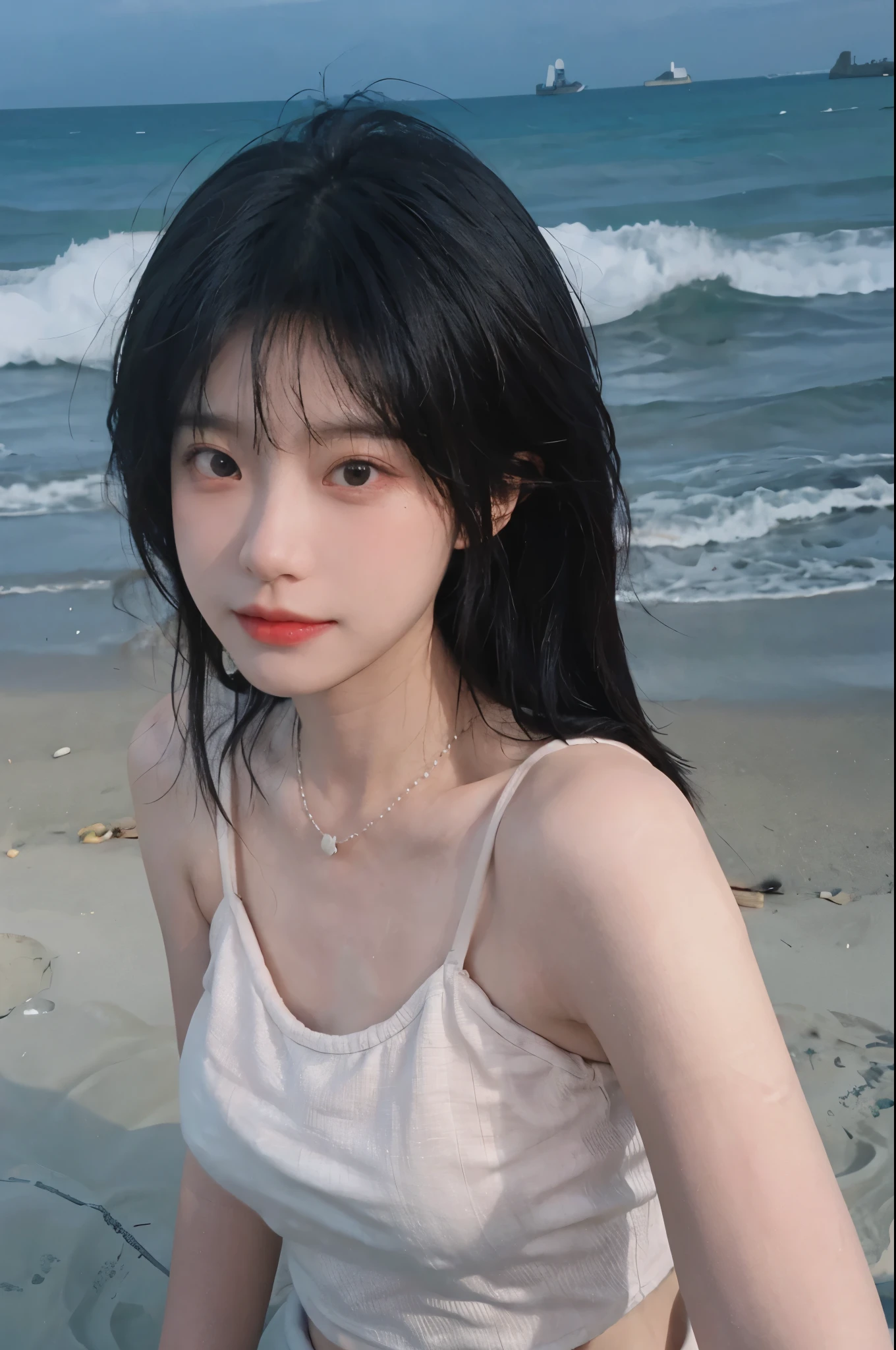 Best quality，Ultra-high resolution，（lifelike：1.4），Cute hairpin，1girll，Long curly hair，jk，Blush，Slim beauty：1.4，Visible abdominal muscles，on the beach，Ultra-fine face，Exquisite eyes，Double eyelids，necklace