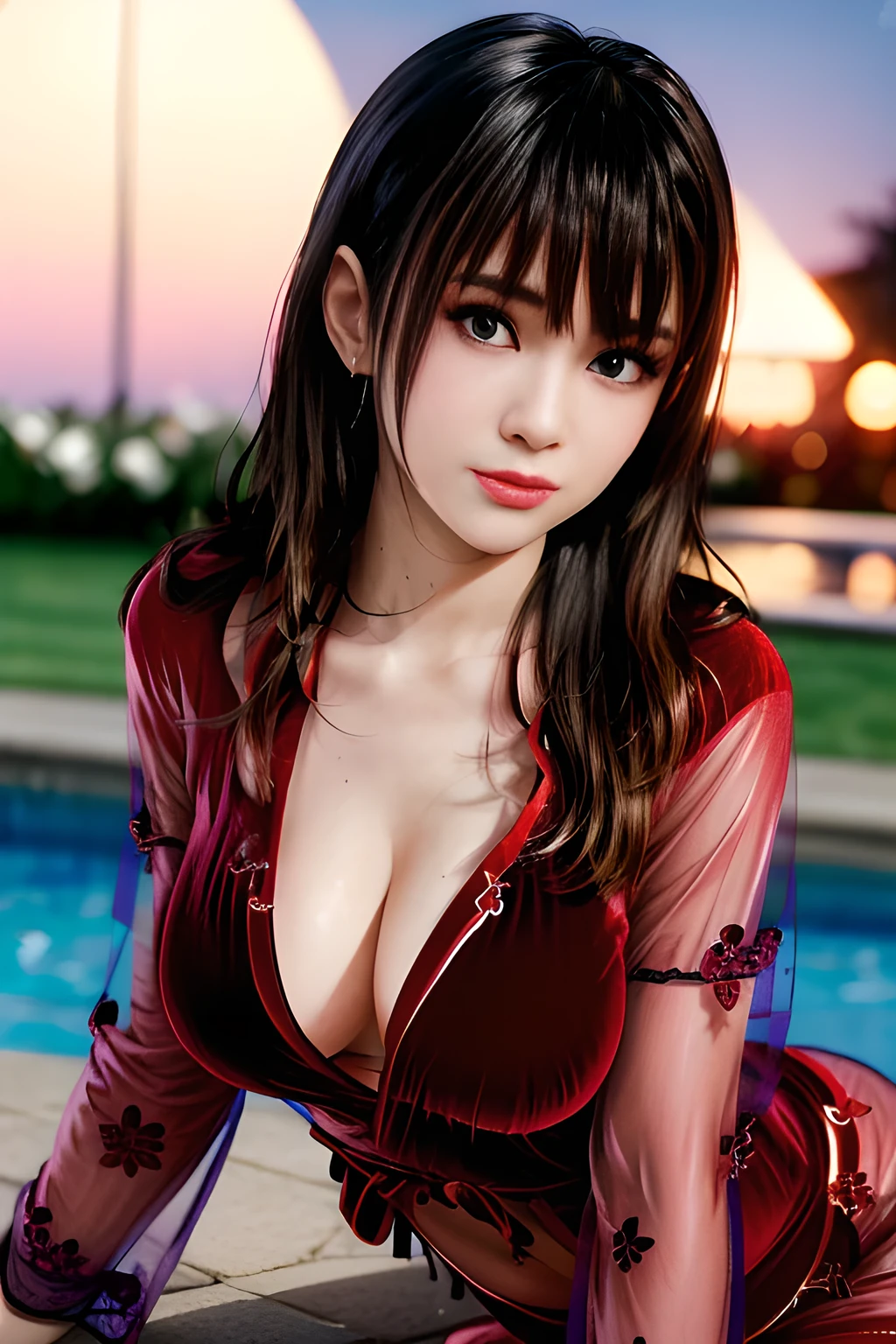 1girl,(RED theme: 1.2), (Sheer fabric pajamas: 1.5),(Velvet fabric robe: 1.5), (Ice flower Robe: 1.4), ,garden,moon,huge breasts,lactating,(lip gloss),(masterpiece), best quality, (real life portrait photography:1.5),unltra detailed,8K,Shot with a professional-grade camera like the Nikon D850,every intricate detail is captured, from the subtlest expression to the glimmer of anticipation in her eyes,,nanami