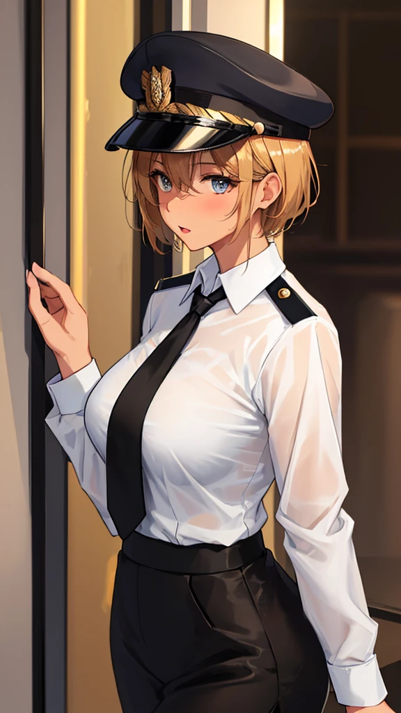 A female officer wearing a tan dress shirt and black tie and a tan uniform over it.(golden short hair, Geuman)