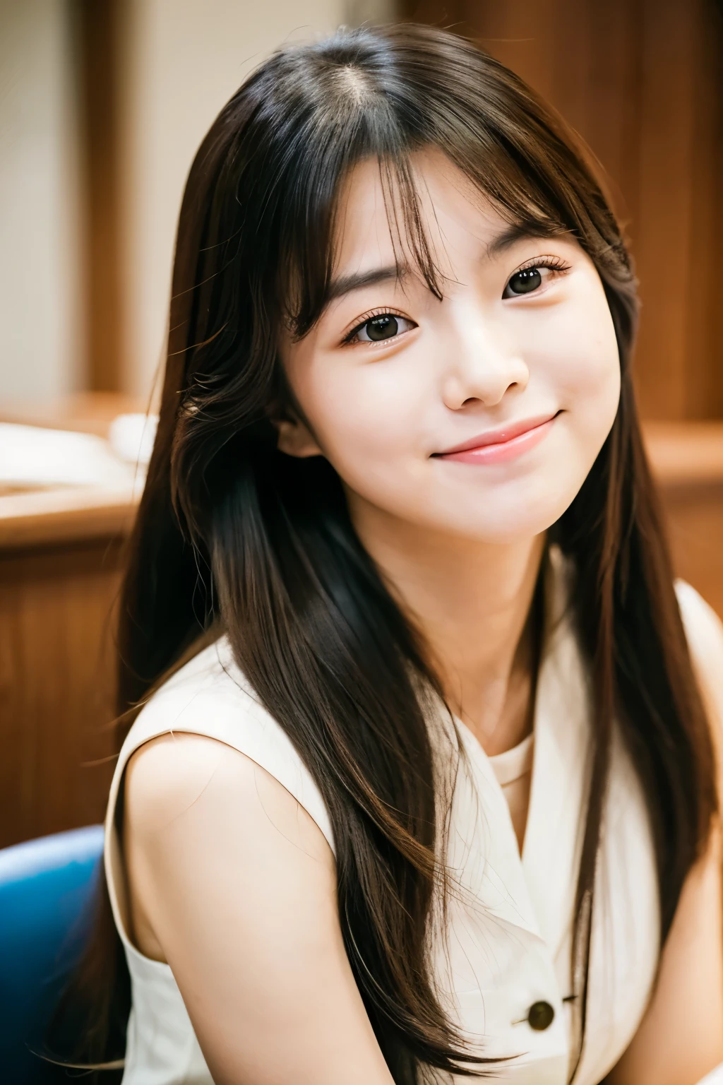 there is a woman with long hair sitting at a table, wan adorable korean face, shot on nikon z9, young adorable korean face, portrait of female korean idol, she has a cute expressive face, young cute wan asian face, captured on canon eos r 6, she has a cute face, shot on canon eos r 5, shot on canon eos r5