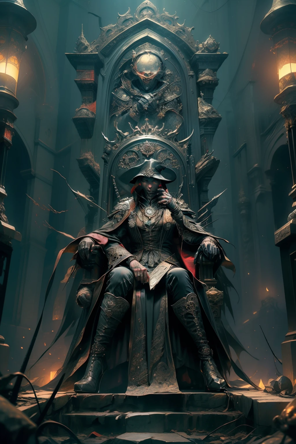 ((best quality)), ((masterpiece)), (detailed), an empty throne, grand in scale and intricacy, blurring the lines between throne and shrine, Bloodborne inspired, occult aesthetic, occult, detailed and intricate steampunk and detailed gothic, Very dramatic and cinematic lighting, cosmic horror, grim dark, Red and white with a sense of technology, side-lighting