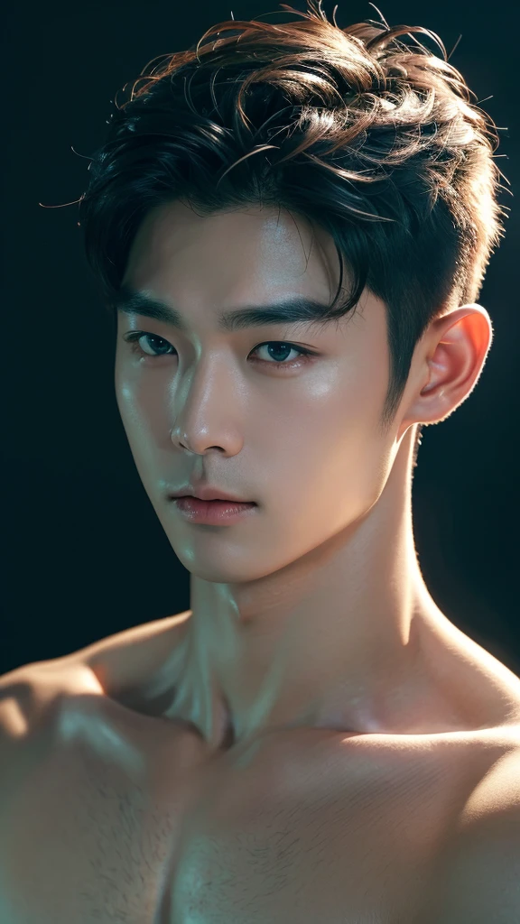 (10, RAW photo, top-quality),Realistic,1 Korean Man,22 years old，frontal，intricate detailed,gag,look away,male focus,bara,Morning sky,gentle lighting,Cinematic lighting,portrait,With love,