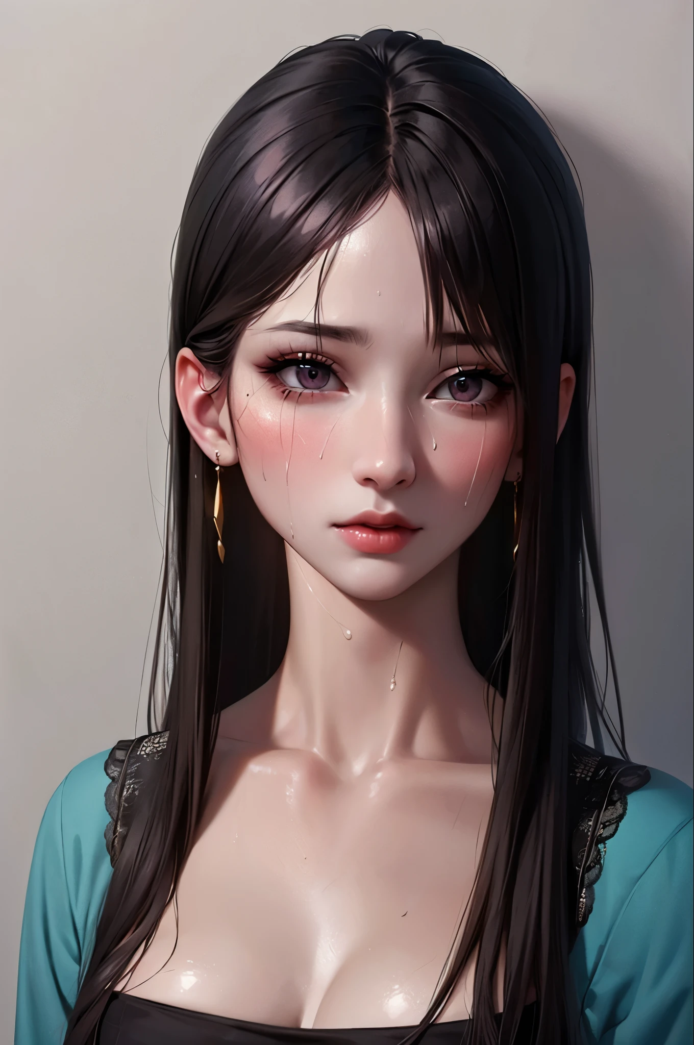 High resolution,4K,High resolution,One girl, photoRealistic, Realistic,Sweaty skin, Thin face,Yangmi,Heavy makeup, Are standing,(((Half Body))), Medium chest,Earrings ,   
