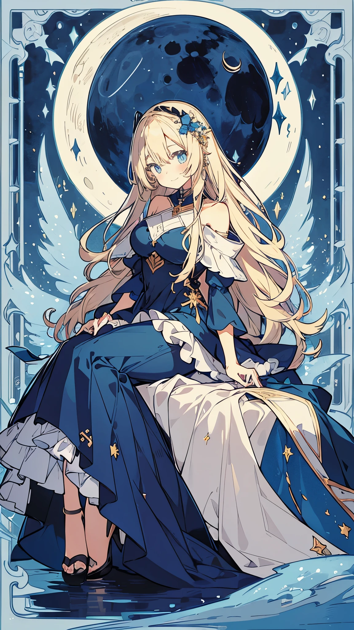 1 Girl, Anime Illustrations, detailed, beautiful, Anime Art, Anime Art, Tarot Moon, Long hair, Blonde Hair, bright blue eyes, In the background above is a huge full moon, Elegant long skirt, Dark blue dress, Smile, faint blush, Silver jewelry, Sibernaland, Open hair, Elegant posture, Ultra high quality 