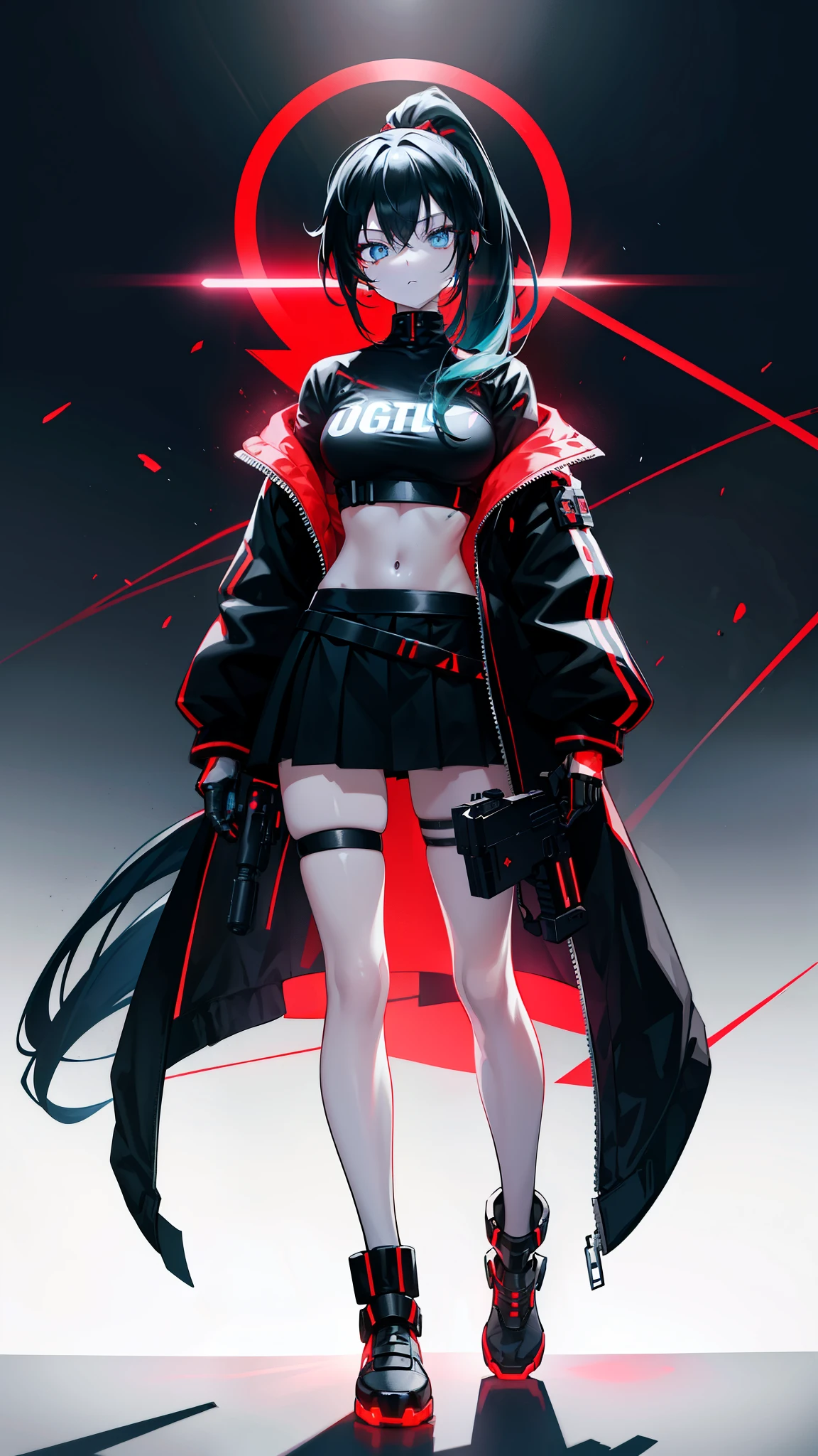 Ponytail full body cyber girl. Bright red shows she is an internet girl. Green hair holding a gun、Anime characters in black clothing, But there is a skirt. She also has blue eyes. Terminator-like environment. black hair. Her face is illuminated by bright red on one side. like LED. And there are LED lights on both hands.