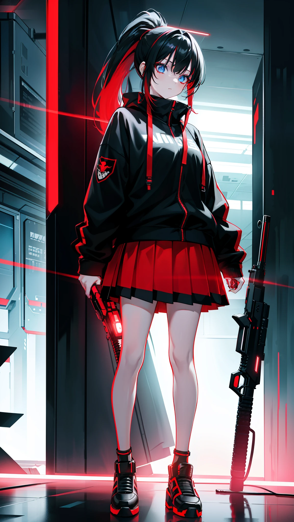 Ponytail full body cyber girl. Bright red shows she is an internet girl. Green hair holding a gun、Anime characters in black clothing, But there is a skirt. She also has blue eyes. Terminator-like environment. black hair. Her face is illuminated by bright red on one side. like LED.  And there are LED lights on both hands.