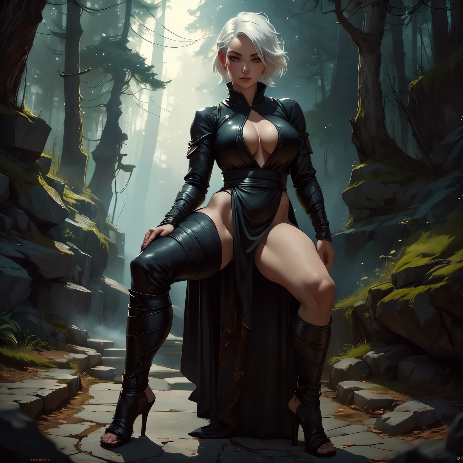 (Full Body Portrait:1.4)、Bend Down、Female Ninja、Beautiful and detailed eyes、Beautiful and detailed lips、Extremely detailed face and body、Short white hair、knife、Ninja costume、Night forest background、Dark and gloomy lighting、Cinematic composition、Dramatic Shadows、(highest quality、4k、8k、High resolution、masterpiece:1.2)、Super fine、(Real、Photorealistic、Photorealistic:1.37)、Dark fantasy、Dramatic lighting